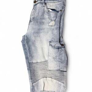 BKE Biker Cargo Denim Shorts Blue Distressed